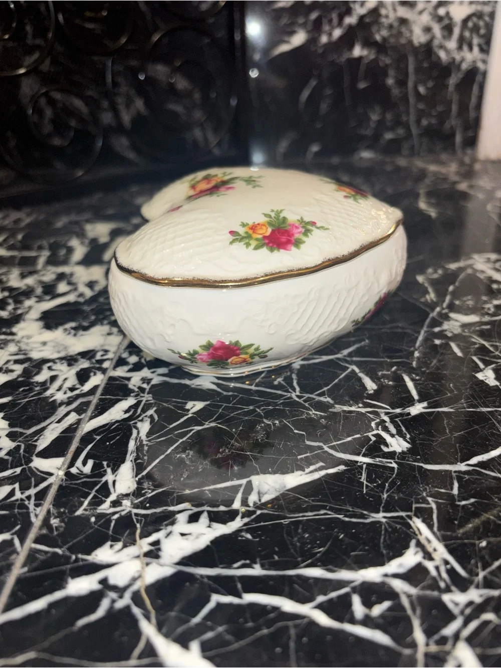 Royal Albert White Heart-Shaped Trinket Dish with Pink and Yellow Rose Motif